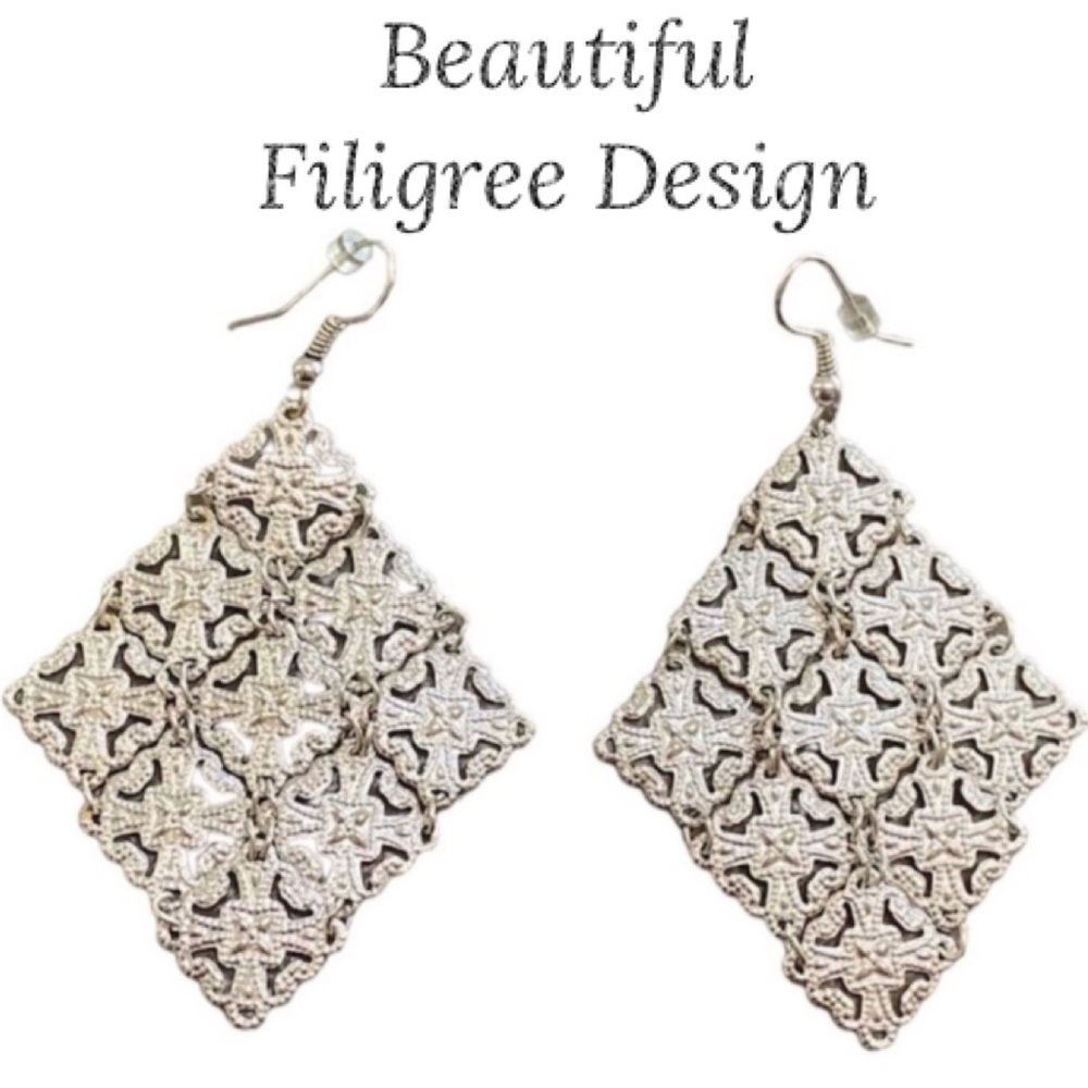 Silver Filagree Statement Drop Diamond Shaped Silver Dangle Pierced Earrings